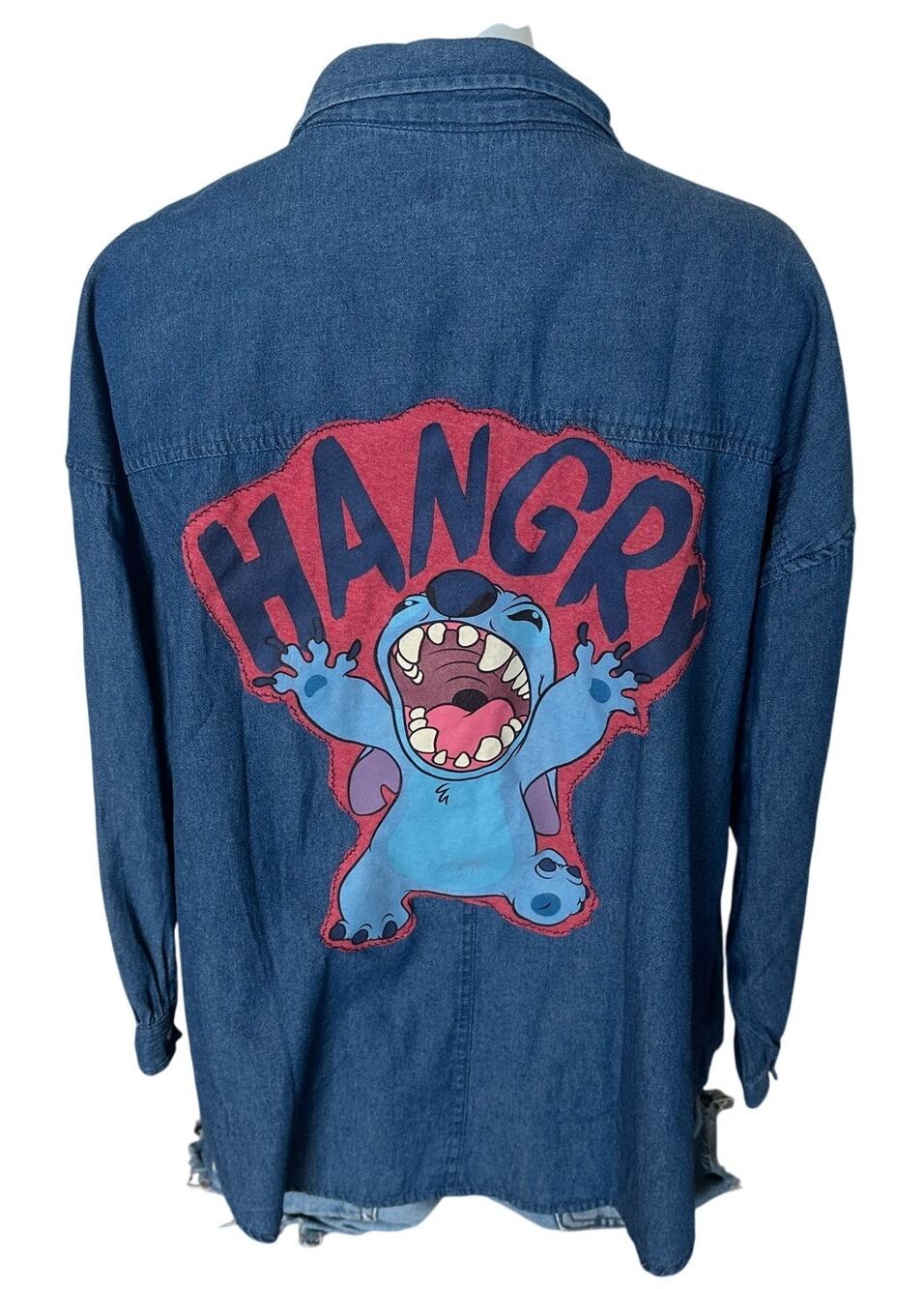 Lilo and Stitch Chambray Shirt SMALL Hangry Oversized Unique Shacket Denim Jean